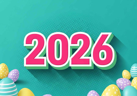 Vibrant Easter eggs in pastel colors surround the year 2026 in bold pink font on a teal background.