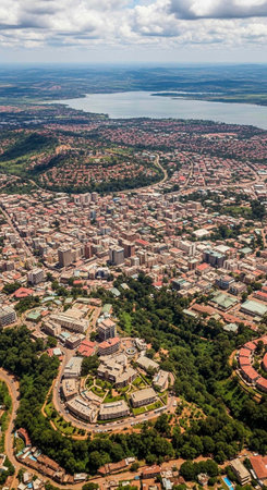 Aerial view of a densely populated city surrounded by lush greenery and waterの写真素材