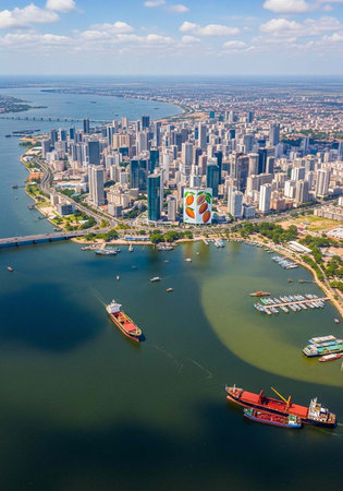 Aerial view of a city with a harbor, featuring tall buildings, boats, and ships on the water, under...