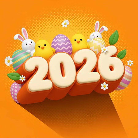 Vibrant Easter-themed graphic featuring cartoon bunnies, chicks, and decorated eggs on an orange...