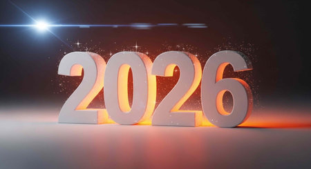 Large, illuminated 2026 numbers with warm orange glow and sparkling effects on a dark background...
