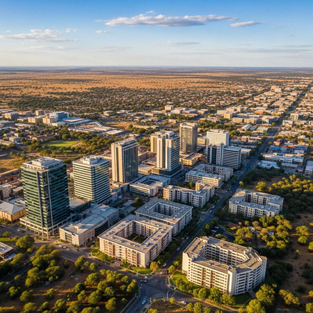 Aerial view of a city with modern skyscrapers, buildings, and green spaces, set against a backdrop of a blue sky with clouds and a vast landscape.の写真素材