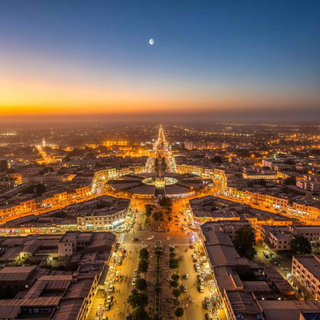 Aerial view of a city at dusk, showcasing illuminated buildings, a prominent central landmark, and a moonlit sky with a gradient of blue, orange, and yellow hues.の写真素材