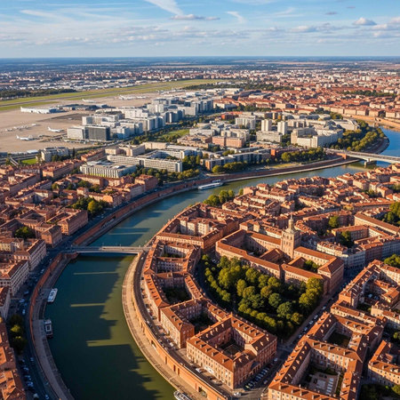 Aerial view of a city with a river flowing through it, surrounded by historic buildings with orange roofs and green trees, under a blue sky with clouds.の写真素材