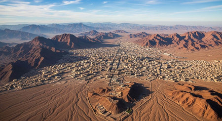 Aerial view of a desert city surrounded by brown mountains and a blue sky with wispy clouds.の写真素材