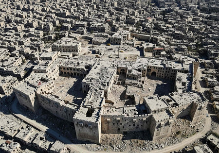 Aerial view of a desert city with numerous stone buildings, fortified walls, and a central fortress,...