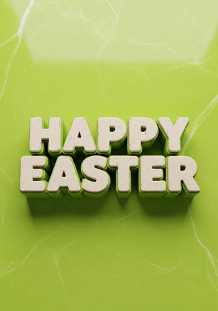 A 3D rendering of HAPPY EASTER in white block letters on a lime green background with a marble...