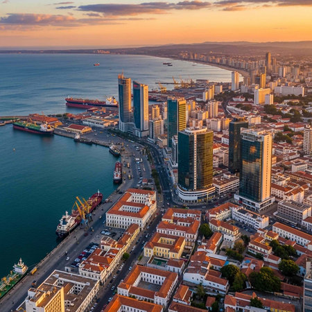Aerial view of a city with modern skyscrapers, waterfront, and a mix of old and new buildings, set...