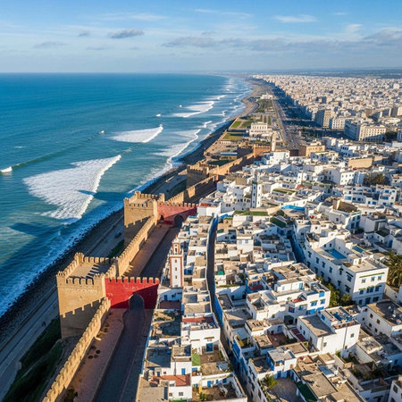 Aerial view of a coastal city with a historic fortress, white buildings, and a blue ocean.