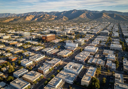 Aerial view of a city with white buildings, green trees, and roads, set against a backdrop of mountains and a blue sky with clouds.の写真素材
