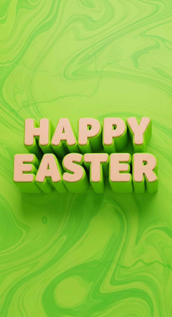 A bright green background with swirling patterns features 3D beige text that reads "HAPPY EASTER" in bold, playful letters.の写真素材