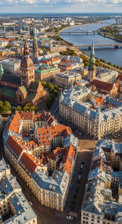 Aerial view of a historic European city with a river, bridge, and buildings featuring orange and blue roofs, surrounded by trees and a cloudy sky.の写真素材