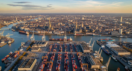 Aerial view of a busy harbor with numerous cargo ships, containers, and cranes, set against a cityscape and a vibrant sunset sky with scattered clouds.の写真素材
