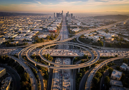 Aerial view of a complex highway interchange with multiple levels and circular ramps, surrounded by city buildings and trees under a blue and orange sky.の写真素材