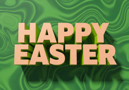 A digital Easter greeting with peach-colored text on a swirling green background.の写真素材