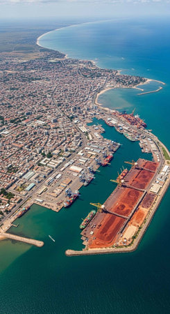 Aerial view of a coastal city with a bustling industrial port, featuring shipping terminals, cargo ships, and a densely populated urban area.の写真素材