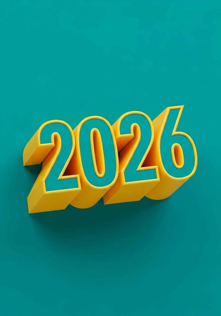 A 3D rendering of the year 2026 in teal with yellow outline and shadow on a solid teal background.