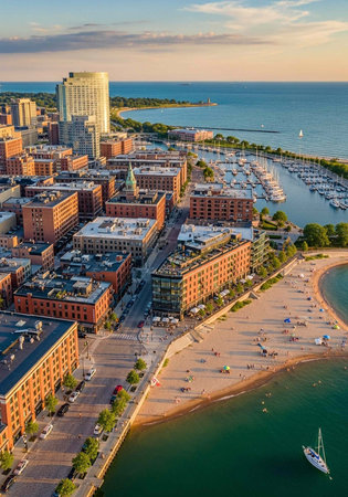 Aerial view of a coastal city with a marina, sandy beach, and red brick buildings, surrounded by calm waters and a serene sky.の写真素材