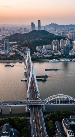 Aerial view of a city with a large modern bridge spanning a river, surrounded by skyscrapers, mountains, and boats on the water at sunset.の写真素材