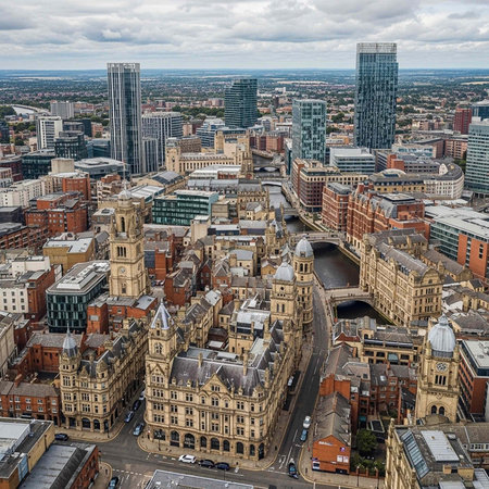 Aerial view of a city with a mix of historic buildings, modern skyscrapers, and a river running through it under a cloudy sky.の写真素材