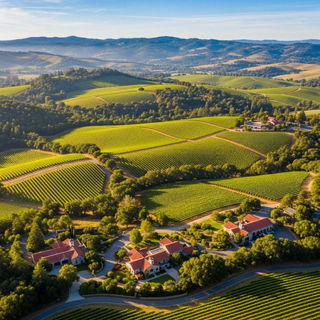 Aerial view of a vineyard estate with lush greenery, terraced fields, and buildings with red roofs, surrounded by rolling hills and mountains in the distance.の写真素材