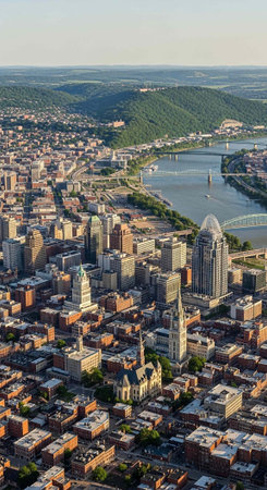 Aerial view of a city with a river, bridge, and skyscrapers, surrounded by green hills and trees, showcasing urban architecture and landscape.の写真素材