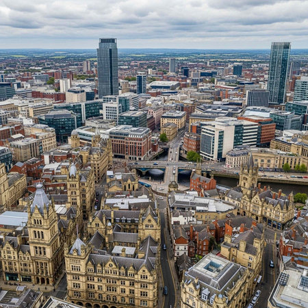 Aerial view of a city with a mix of historic buildings and modern skyscrapers, featuring a cloudy sky and a blend of old and new architecture.の写真素材