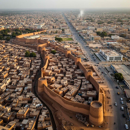 Aerial view of a historic walled city with a large fortress, surrounded by modern buildings, roads, and cars, showcasing a blend of old and new architecture.の写真素材