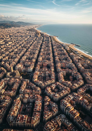 Aerial view of a coastal city with a grid-like street pattern, featuring numerous buildings and a...