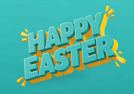 Vibrant 3D text HAPPY EASTER in teal with yellow accents on a solid teal background, conveying a...