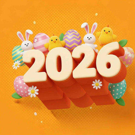 Vibrant Easter-themed graphic featuring 3D numbers 2026 surrounded by decorated eggs, bunnies, chicks, and flowers on a bright orange background.の写真素材