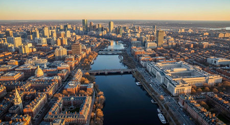 Aerial view of a city with a river, buildings, and trees, showcasing a mix of modern and traditional architecture under a clear sky at sunset.の写真素材