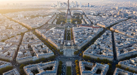 Aerial photograph of Paris showcasing a symmetrical cityscape with the Eiffel Tower, buildings, roads, and trees.の写真素材