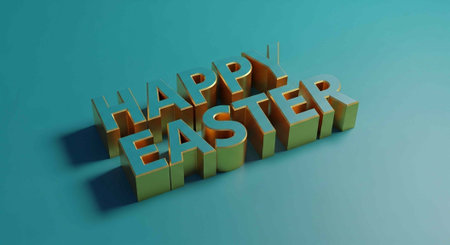 A 3D rendering of "HAPPY EASTER" in blue and gold letters on a teal background with a shadow effect.の写真素材