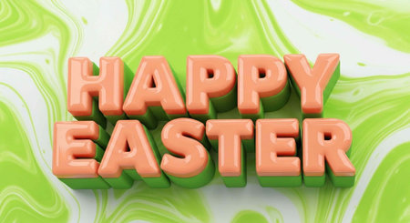 A colorful 3D rendering of "HAPPY EASTER" in peach letters on a green and white marbled background.の写真素材