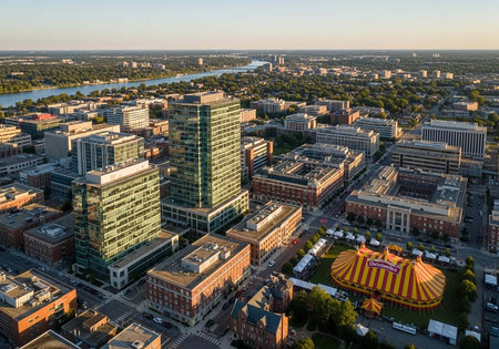 Aerial view of a city with modern glass buildings, a river, and a colorful tent in a park,...
