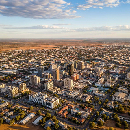 Aerial view of a city with modern buildings, trees, and roads under a blue sky with clouds.の写真素材