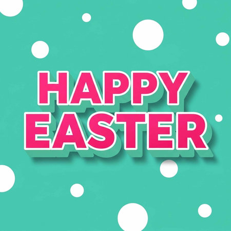 Vibrant Easter greeting with pink 3D text and white polka dots on teal background