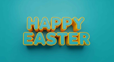 Vibrant 3D Happy Easter text with yellow outline on teal backgroundの写真素材