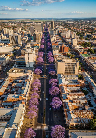 Aerial cityscape with a long street lined with purple trees and surrounded by modern buildings