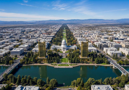 Cityscape with white capitol building, large pond, trees, and buildings under blue skyの写真素材
