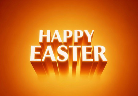 3D Happy Easter text in white on a vibrant gradient orange background with glowing effect