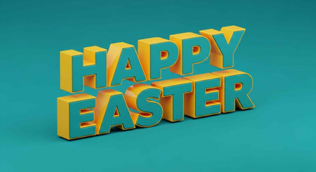 Vibrant 3D text HAPPY EASTER in yellow and teal on a solid teal background for festive occasions