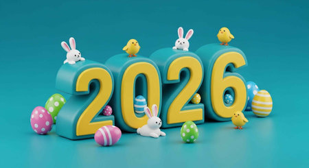 Vibrant Easter scene featuring 2026 in large yellow numbers surrounded by bunnies, eggs, and chicks