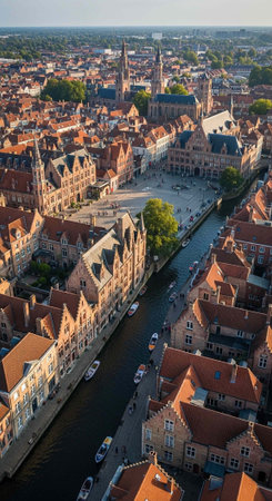 Aerial view of a historic European city with a canal, old buildings, and red roofsの写真素材