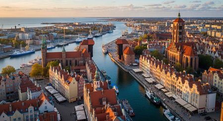 Scenic aerial view of a historic European city with red roofs, waterway, and boats at sunset.