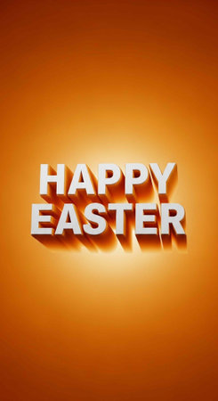 A bright orange background with a glowing effect and 3D white Happy Easter text