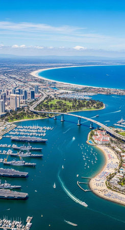 Aerial view of a coastal city with a marina, bridge, and sandy beaches along the shorelineの写真素材
