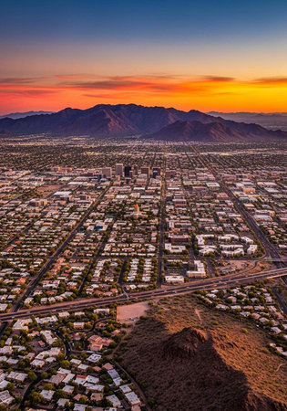 Aerial view of a city with white buildings, roads, and greenery at sunset with mountainsの写真素材