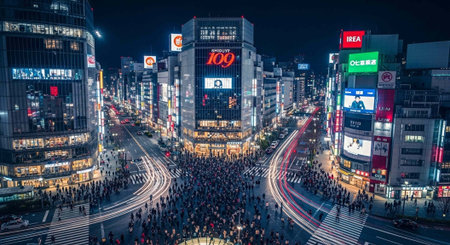 Aerial view of a crowded city intersection at night with bright lights and large billboardsの写真素材